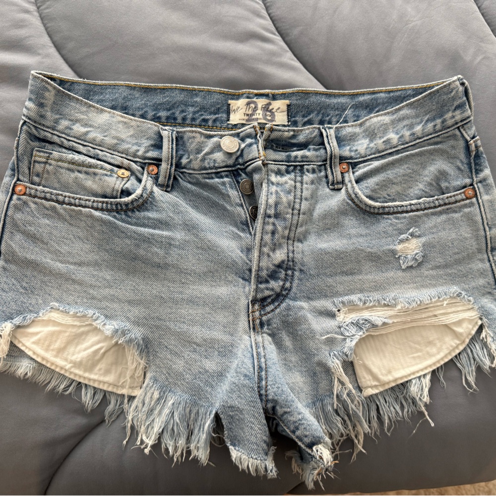 We The Free Loving Good Vibrations Cotton Frayed Denim Shorts